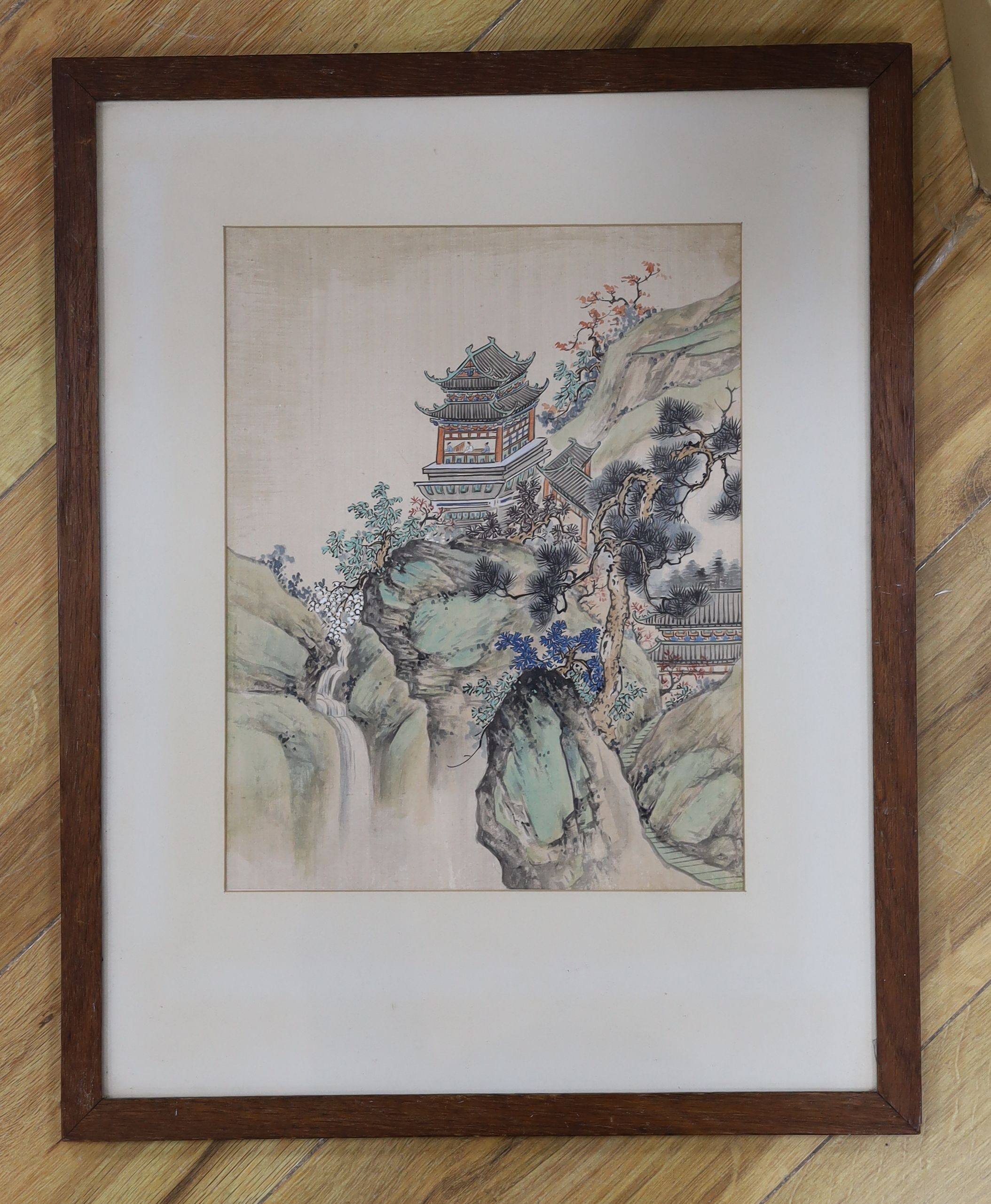 Chinese School, gouache and watercolour on silk, Pagoda in a landscape, 30 x 24cm